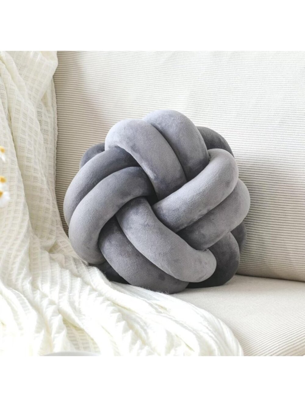 Soft Knotted Throw Pillow - 11" Round Plush Cushion, Dark Gray Decorative Pillow